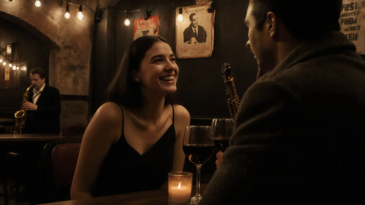 A couple listening to live jazz in a dimly lit underground bar beneath a railway bridge.