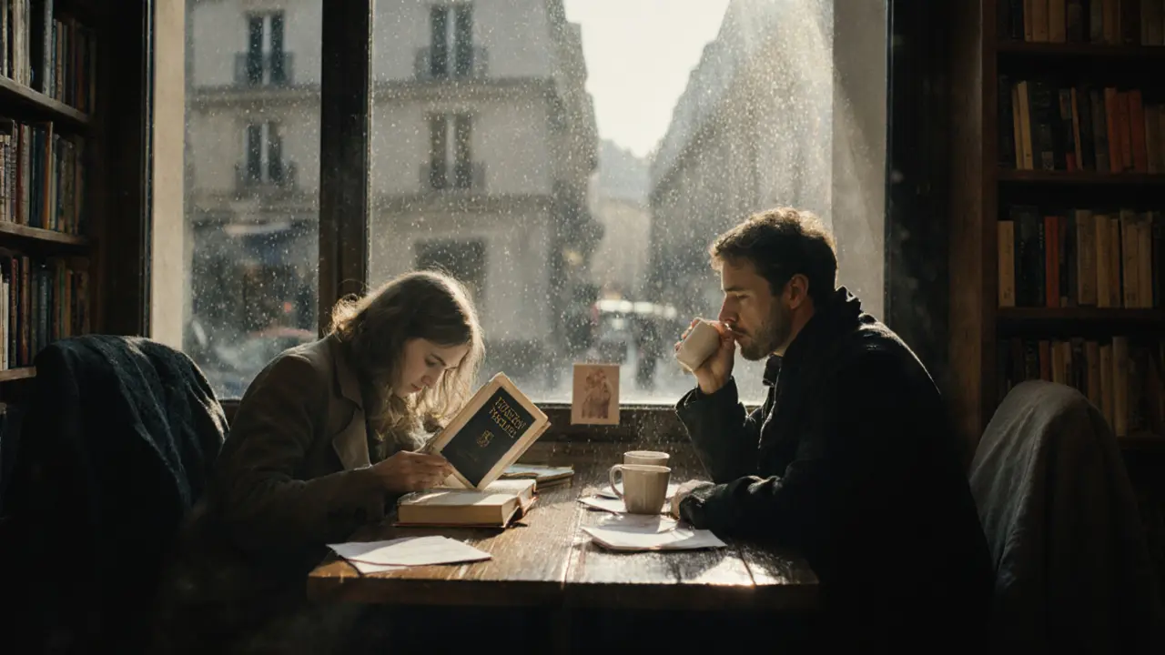 A man and woman reading side by side in a quiet Paris bookstore at dawn, rain on the windows.