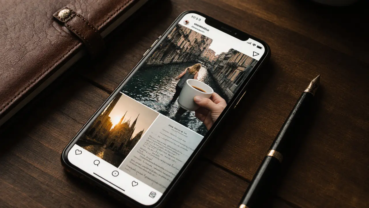 A smartphone displaying three curated Instagram photos of Milan life—canals, poetry, and the Duomo.