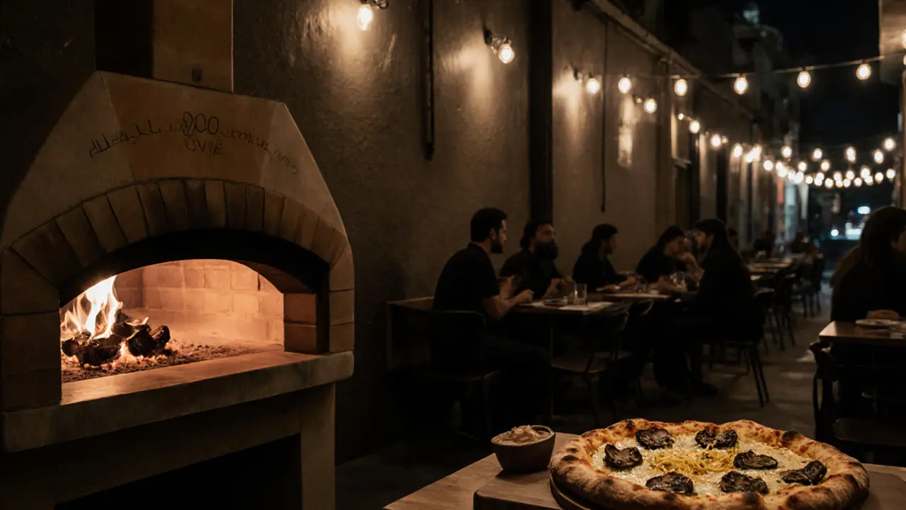 Artistic late-night pizza spot in Alserkal Avenue with wood-fired oven and patrons enjoying Emirati desserts.