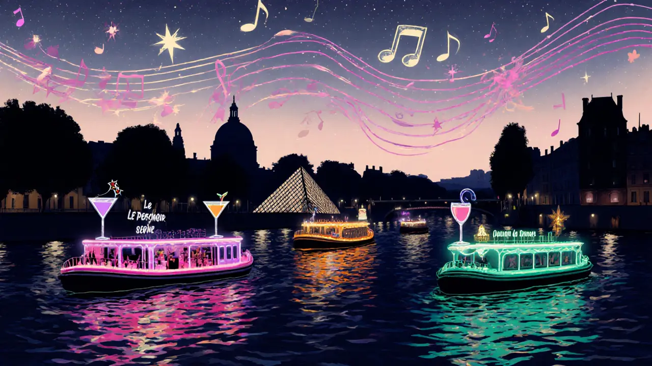 Collage of Paris boat bars on the Seine, with music notes, cocktails and reflected city lights.