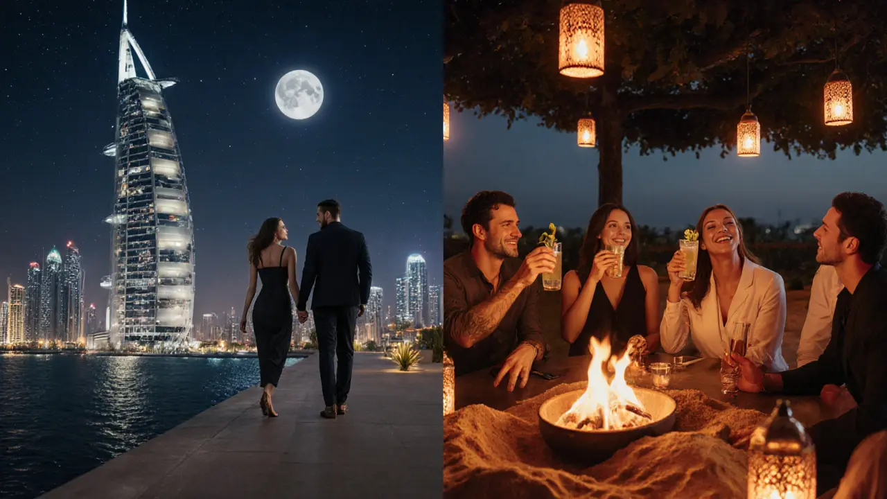 Couple walking by lit promenade, rooftop lounge skyline, and lantern‑lit desert pop‑up bar.