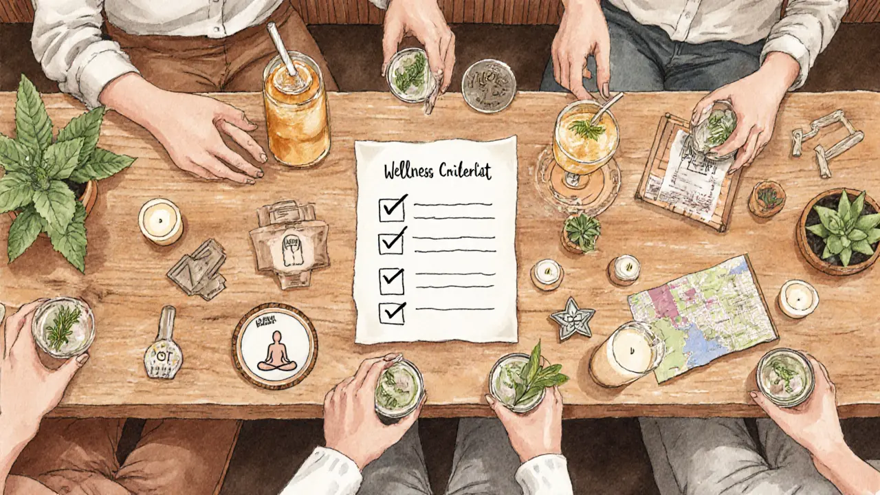 Cozy wellness bar interior with aromatic diffusers, herbal drinks, and a wellness checklist on a table.