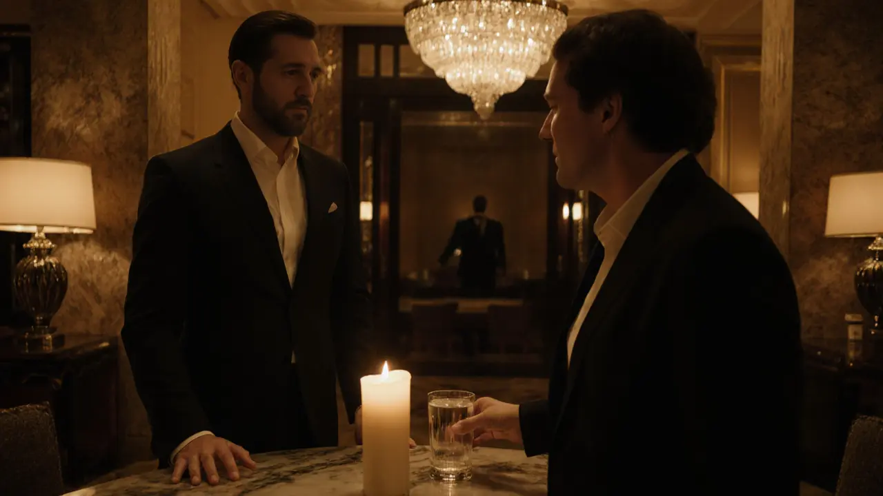 Elegant escort and client chatting in a dimly lit upscale hotel lobby.