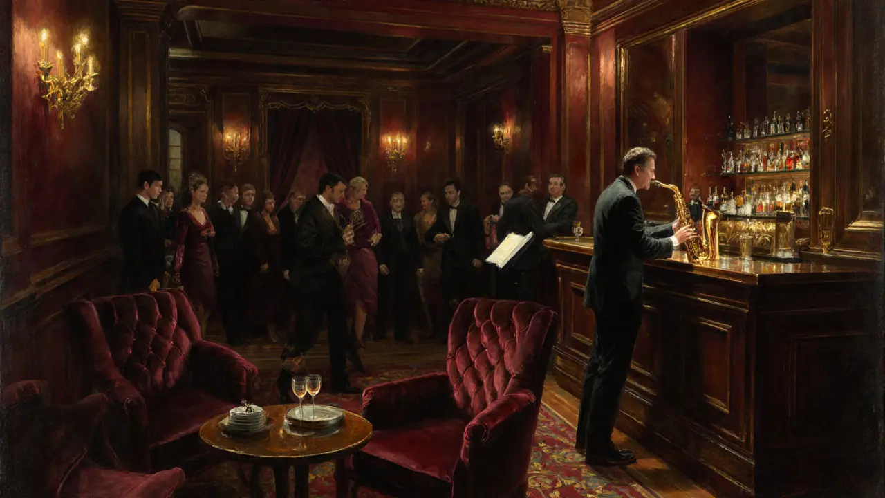 Elegant jazz lounge in The Ritz Club with musicians and patrons in formal attire.