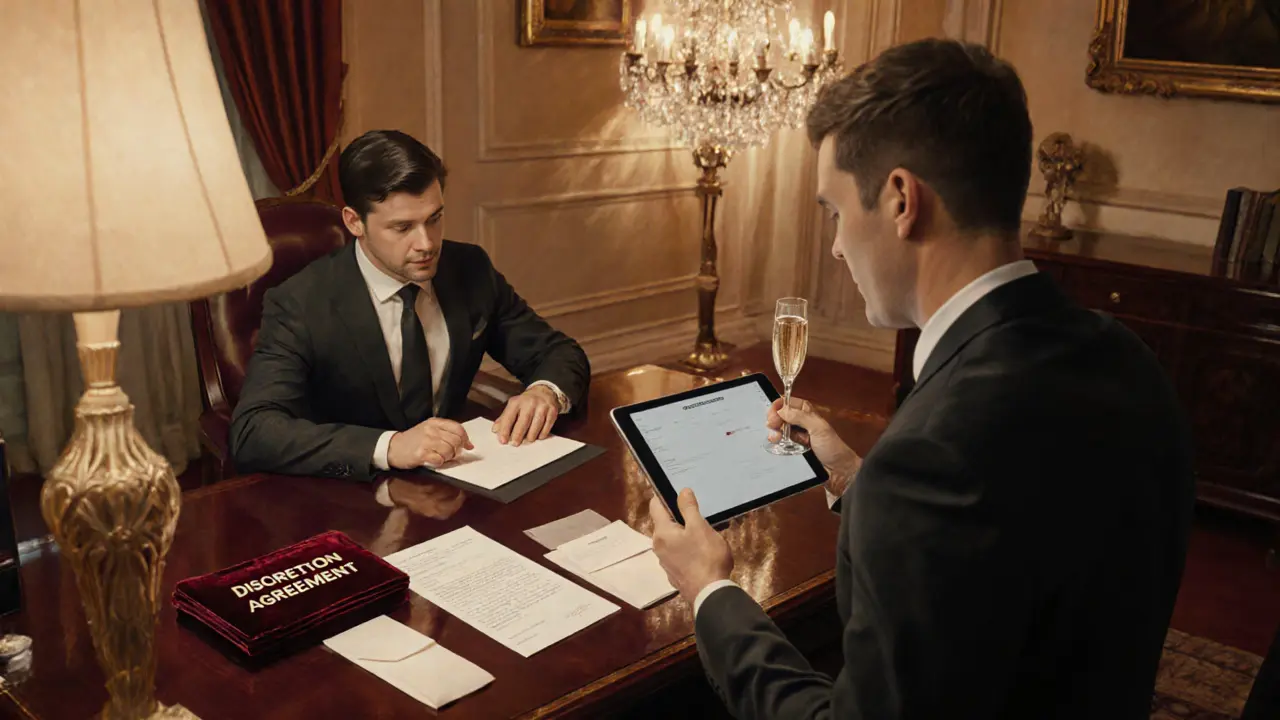 Elegant office with contracts, tablet, and concierge preparing a discreet meeting.