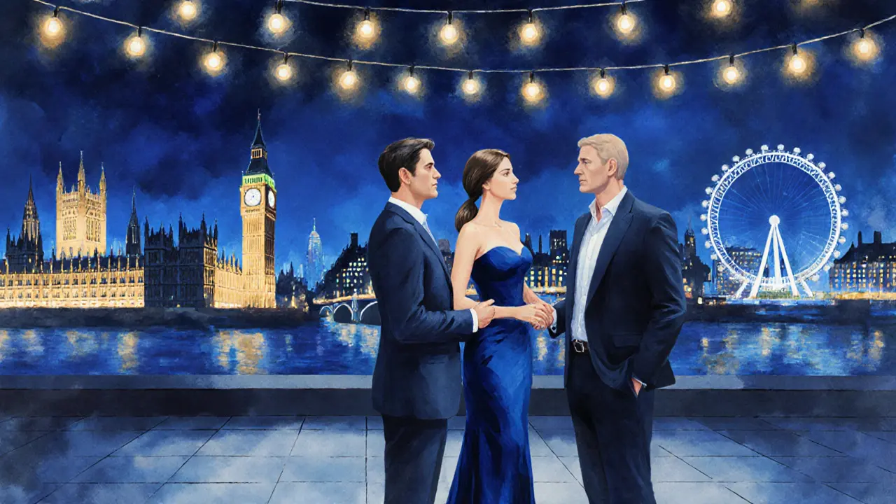 Escort introducing client to a business leader at a rooftop event under city lights.