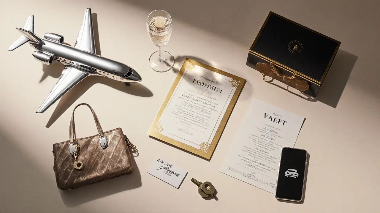 Flat lay showing objects representing Platinum, Gold, and Silver escort tiers.