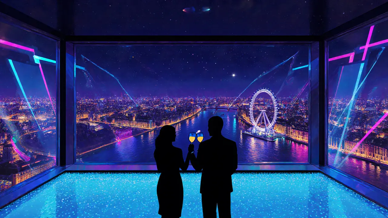 Glass‑walled bar overlooking Thames, illuminated by blue LEDs and city lights.