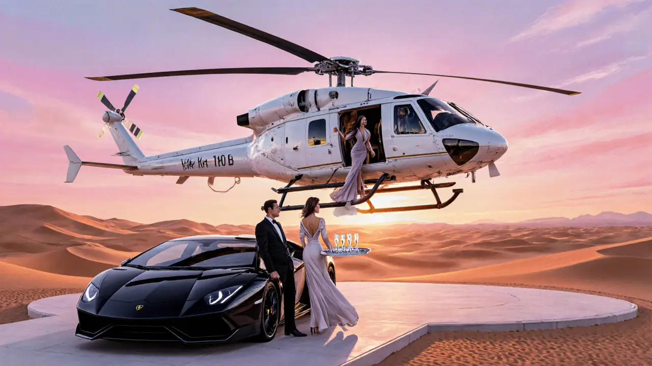 Helicopter landing at a desert resort with companion, limo, and champagne.