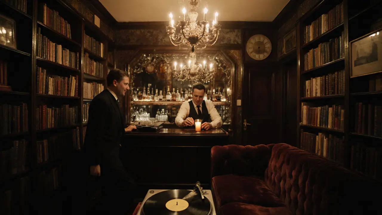 Hidden speakeasy room with velvet couches, candlelight, and a bartender pouring a drink by a chandelier.