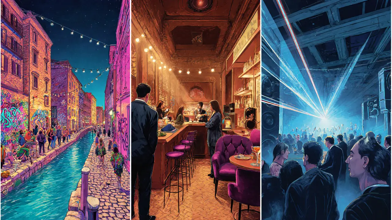 Illustrated three panels showing Navigli canal bar, Brera cocktail lounge, and Porta Romana warehouse club.
