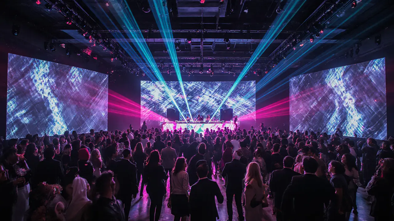 Inside MAD club with LED screens, dancing crowd, and neon lighting.