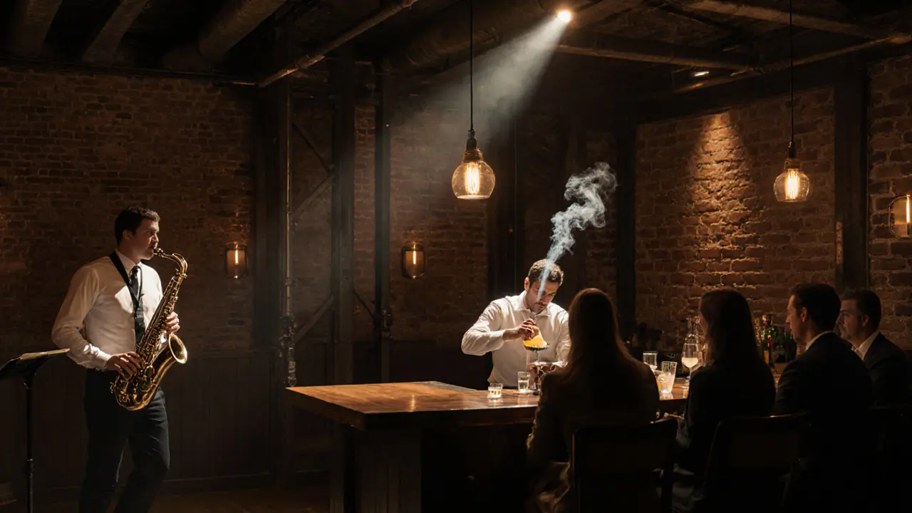 Inside The Garrison speakeasy with exposed brick, jazz saxophonist, and bartender making a cocktail.