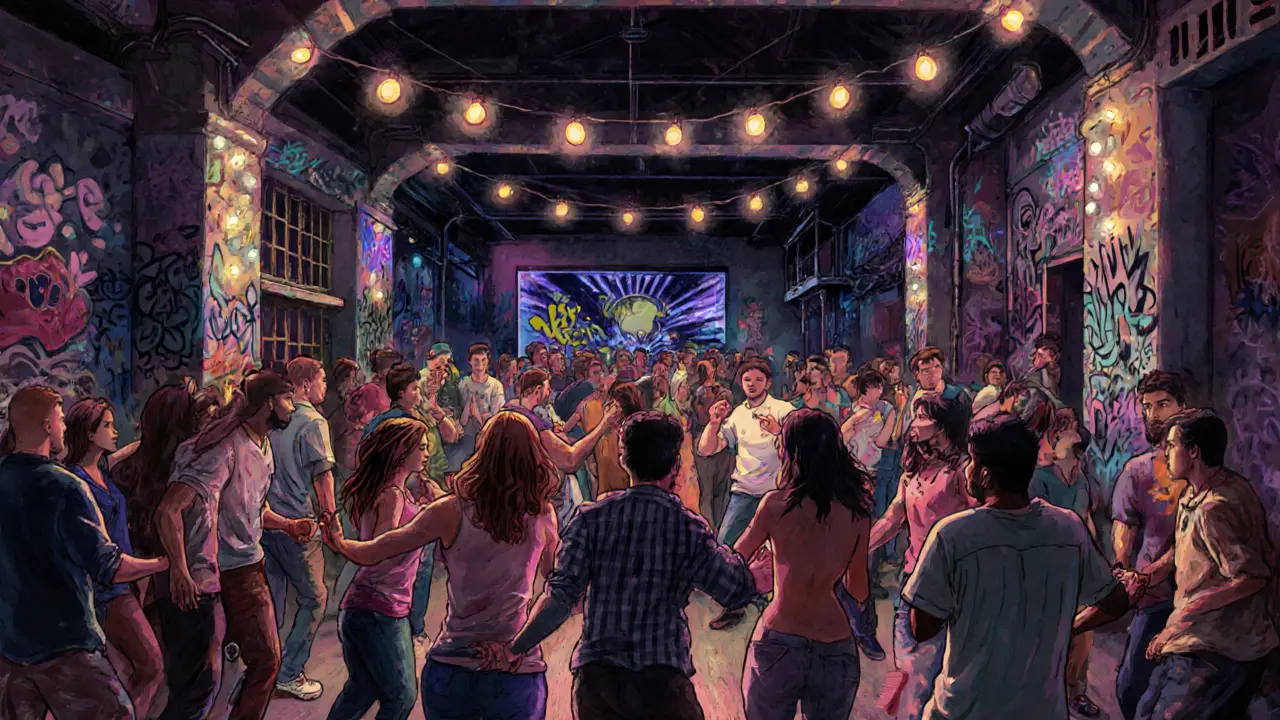 Interior of Bar 23 with a multicultural crowd dancing to fusion music under string lights and graffiti walls.