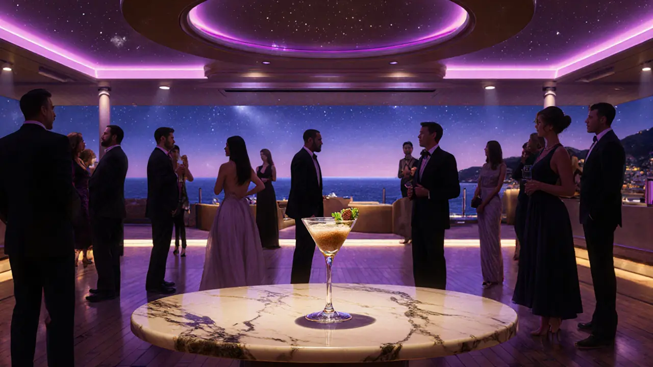 Jimmy&#039;z VIP cabin with dance floor, sea view terrace, and a truffle martini on a marble table.