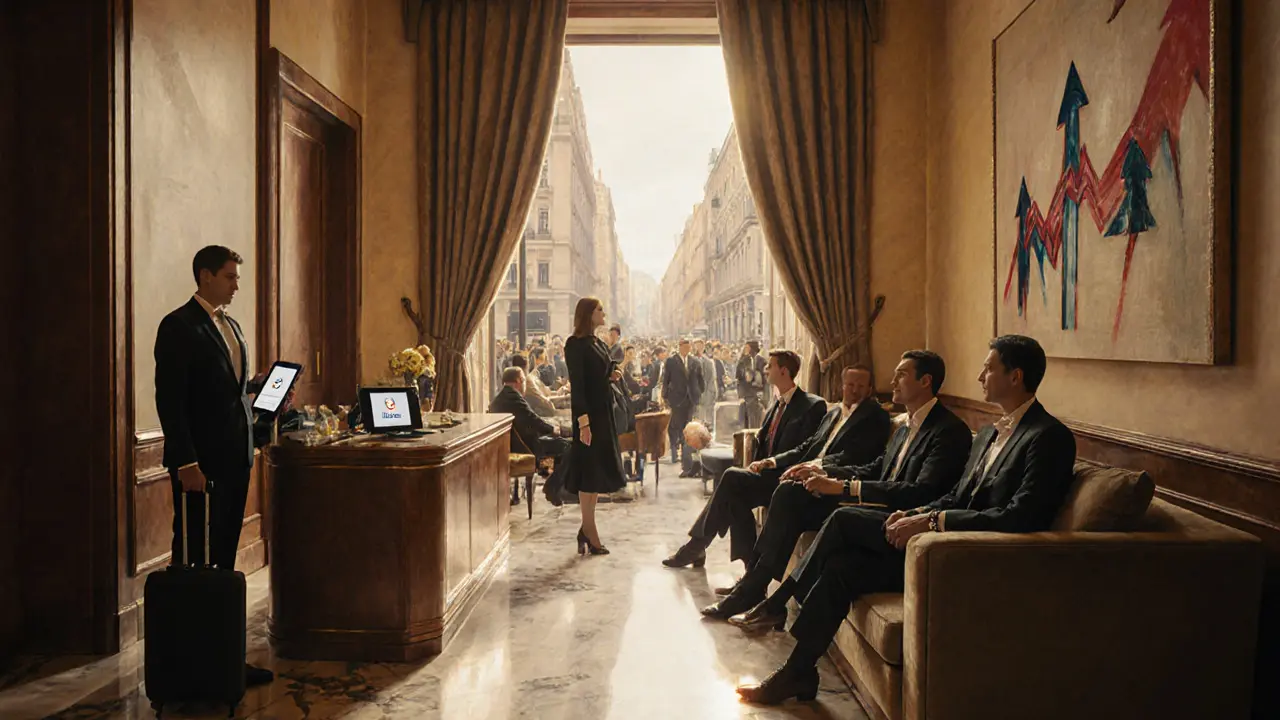 Luxurious hotel lobby with well‑dressed guests and escorts, suggesting industry growth and safety tech.