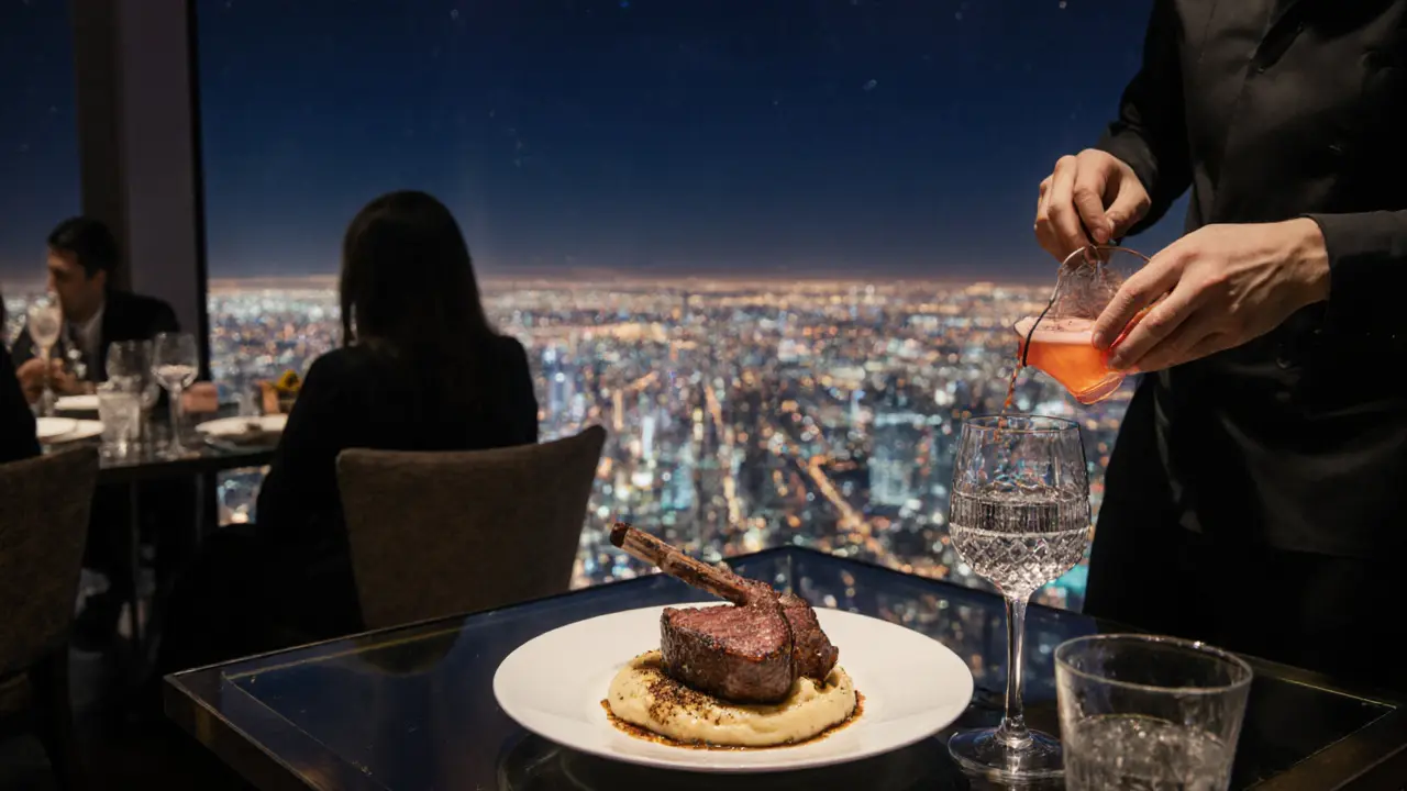 Luxury dining at At.mosphere restaurant high above Dubai with city lights stretching to the horizon.