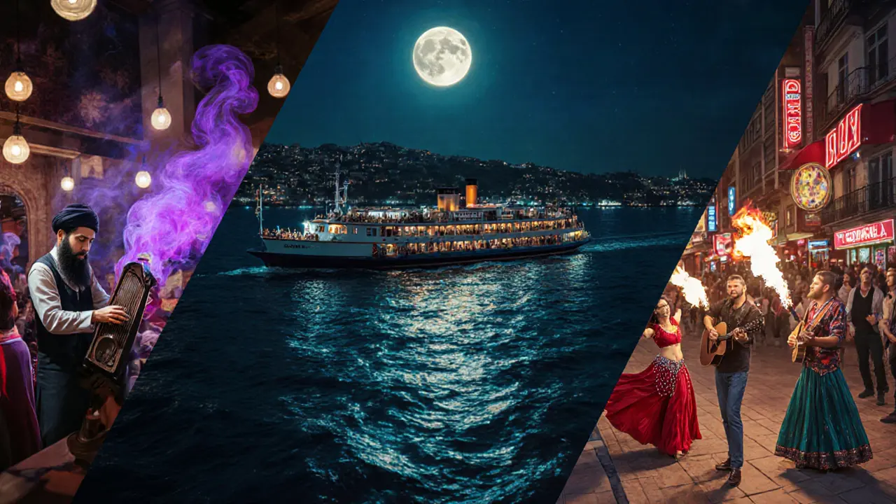 Night ferry scene showing Sufi music, belly‑dance, and street performers over the Bosphorus.