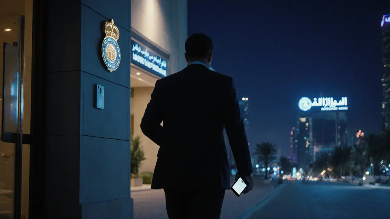 Night scene of traveler exiting hotel with emergency phone, embassy and police symbols.