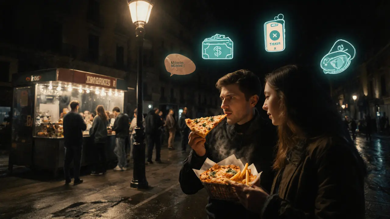 Night street food scene with panzerotto, pizza slice, fries, and floating nightlife checklist icons.