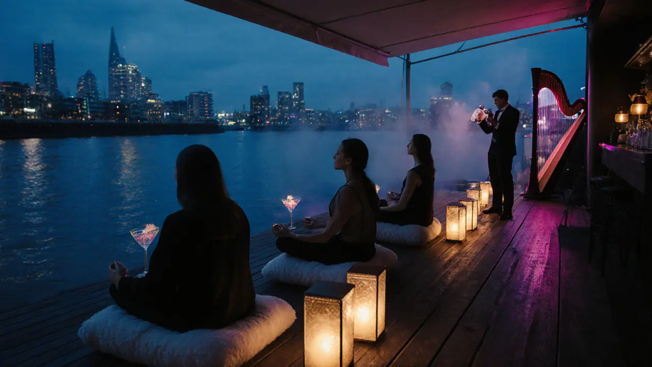 Nighttime waterfront bar with guests meditating on a dock, sea‑salt drinks, and city skyline.