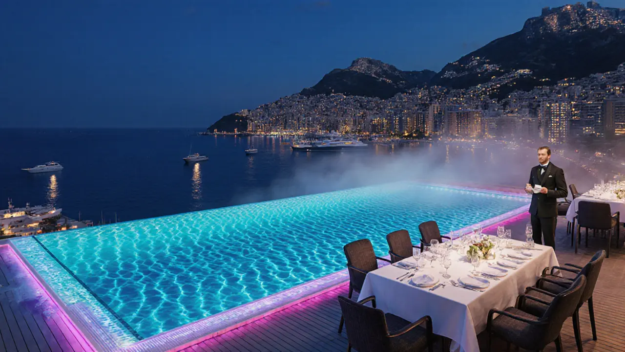 Ocean Club rooftop pool at night with LED waves, captain&#039;s table, and Monaco harbor lights.