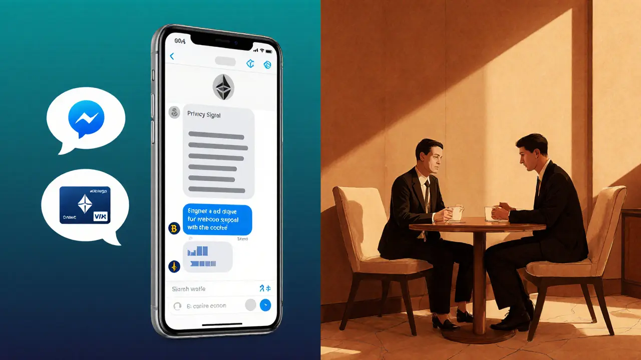 Phone showing encrypted chat, prepaid card and crypto icons; discreet hotel lounge meeting.