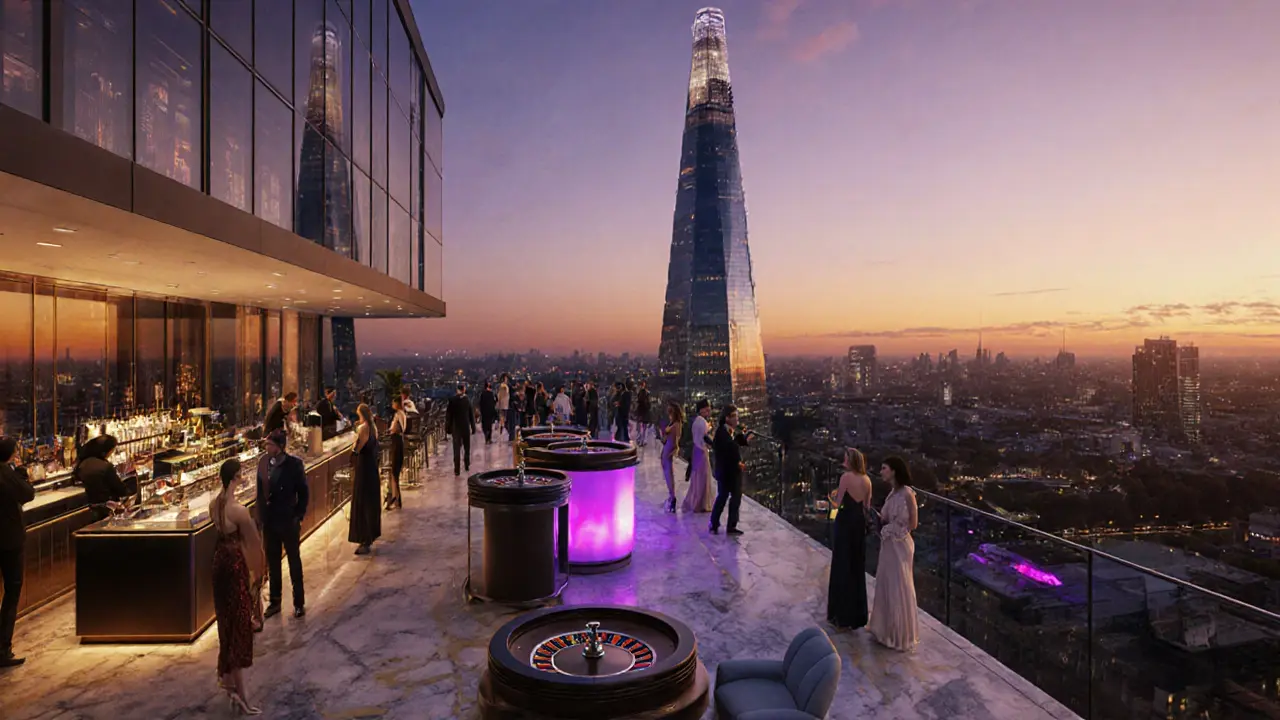 Rooftop bar at Aspers Casino with roulette tables and The Shard skyline at sunset.