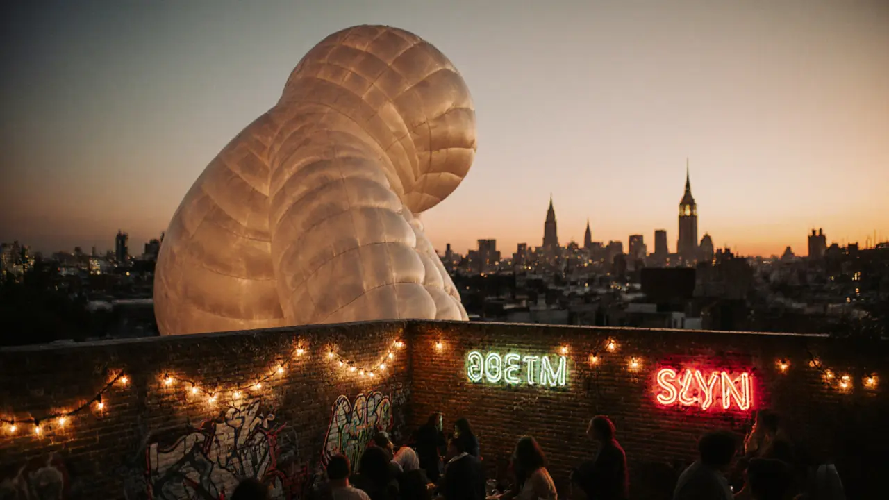 Rooftop bar at sunset with brick walls, fairy lights, and an inflatable sculpture.