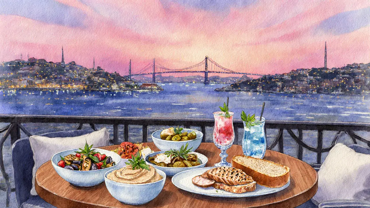 Rooftop table with meze dishes, rakı and a cocktail overlooking the Bosphorus sunset.