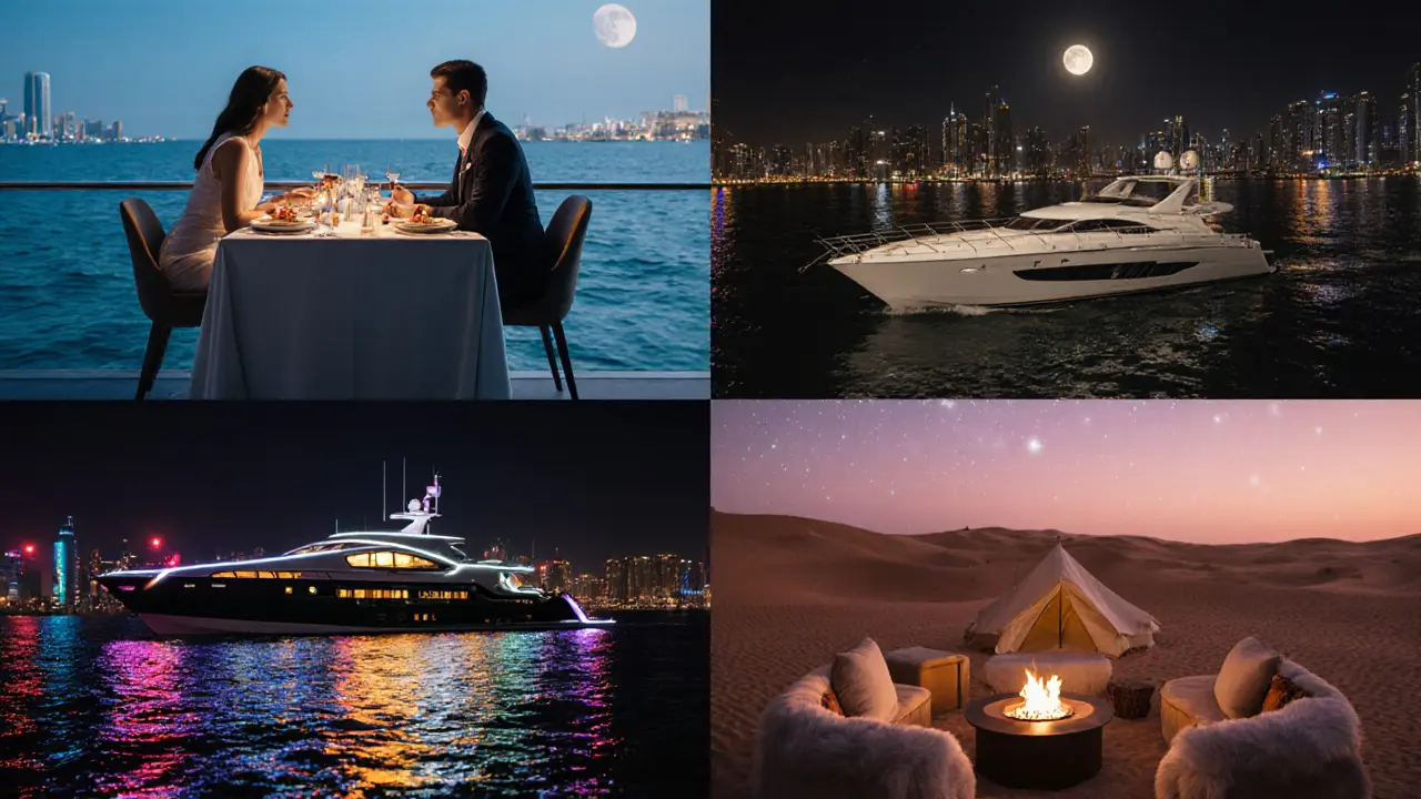 Series of venues: fine‑dining, yacht, VIP club, and desert camp for a night out.