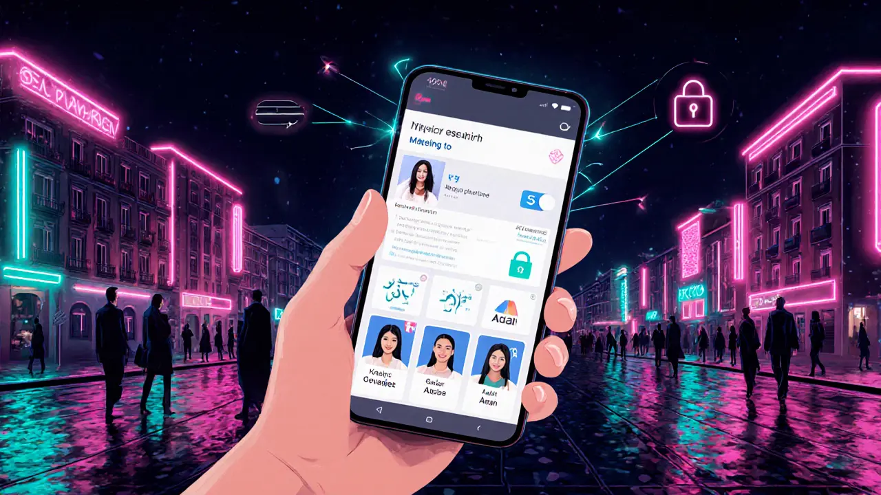 Smartphone screen displaying AI‑matched escort profiles and crypto payment icons against a night‑city backdrop.