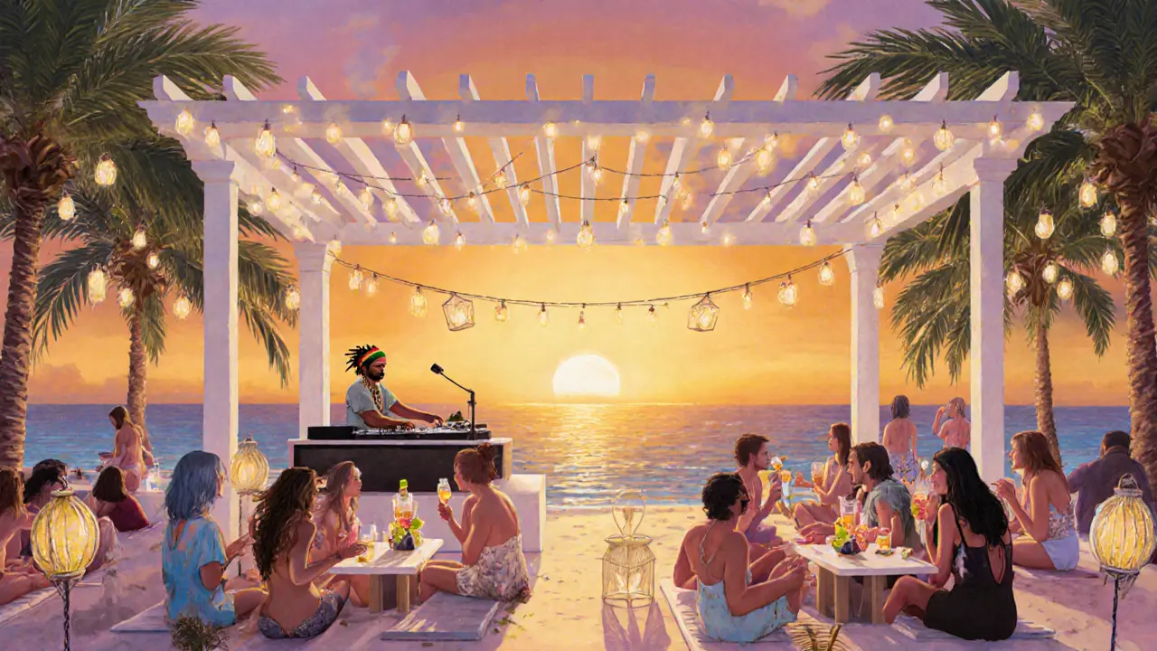Sunset beach club on Saadiyat Island with DJ, palms, and guests enjoying drinks.