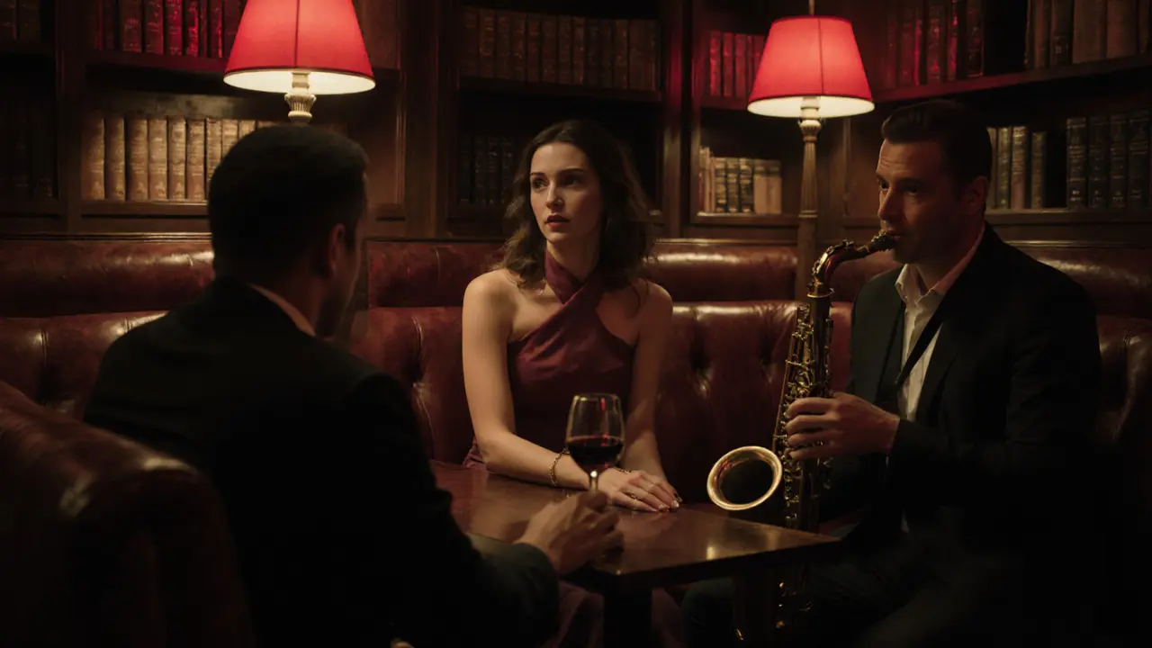 Two people listening to live jazz in a dimly lit Parisian club, surrounded by warm tones and books.