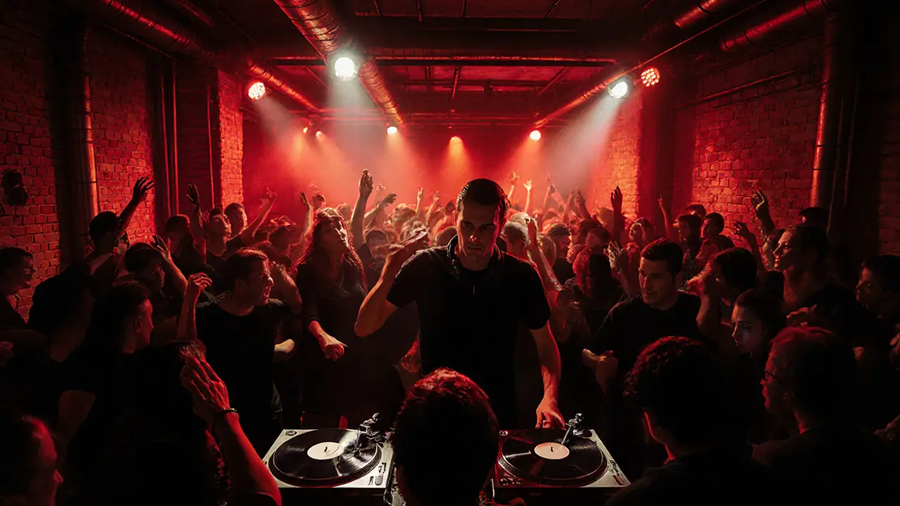 Underground techno club with a dark, energetic crowd dancing under industrial lighting and strobes.