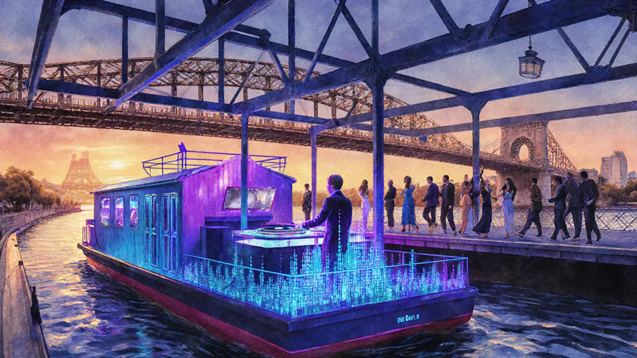 Watercolor‑style scene of Le Perchoir Seine barge, DJ playing deep house, guests dancing at sunset.