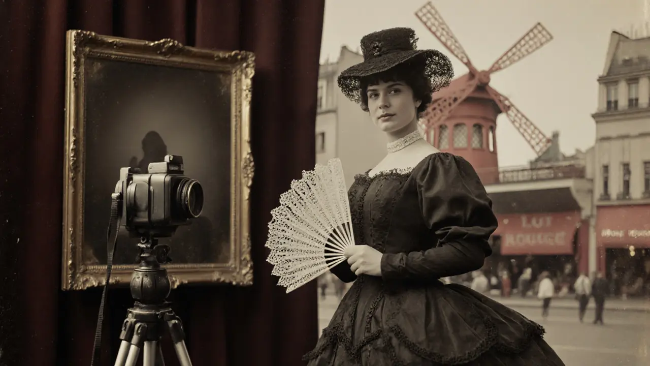 A Belle Époque woman poses for a portrait in a Montmartre studio, Moulin Rouge in background.