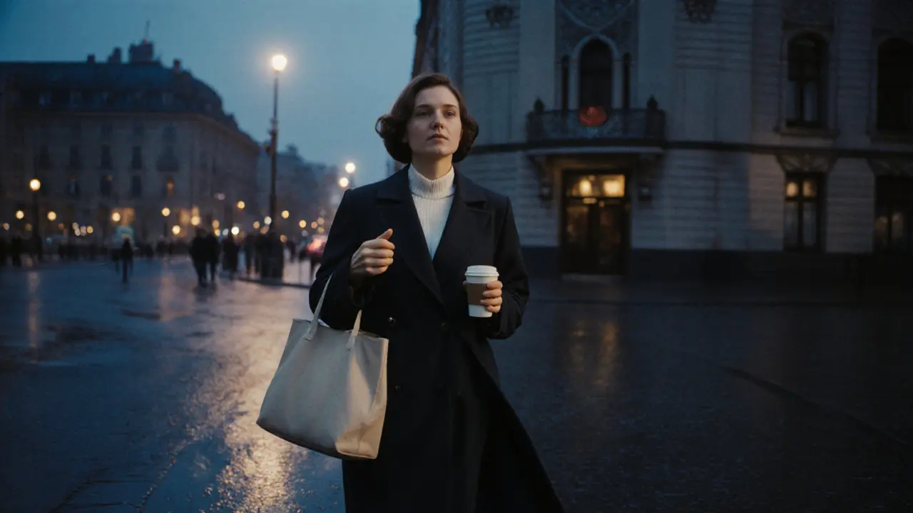 A confident woman walking through a historic Berlin street at dusk, holding coffee.