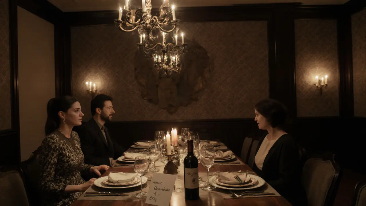 A couple dines in private at a luxurious Milan restaurant, candlelight reflecting on fine tableware and a handwritten note.