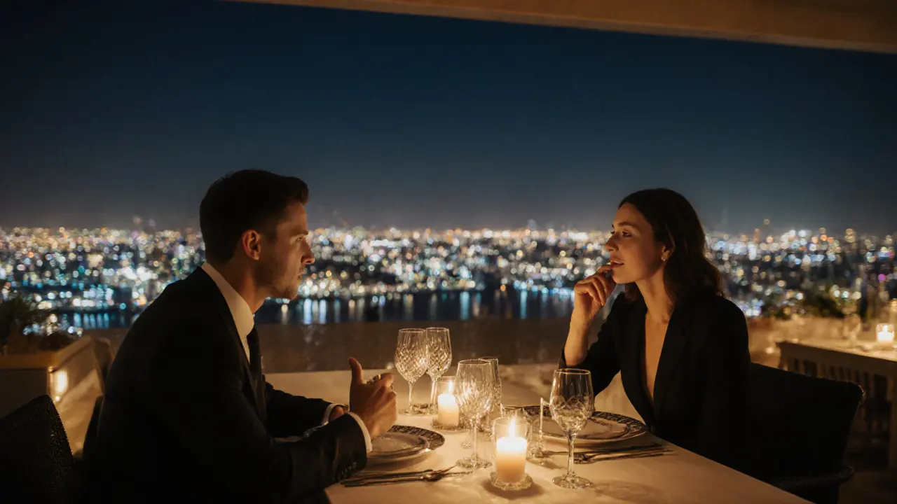 A couple enjoys a quiet candlelit dinner on a rooftop lounge with Dubai's glittering skyline in the background.