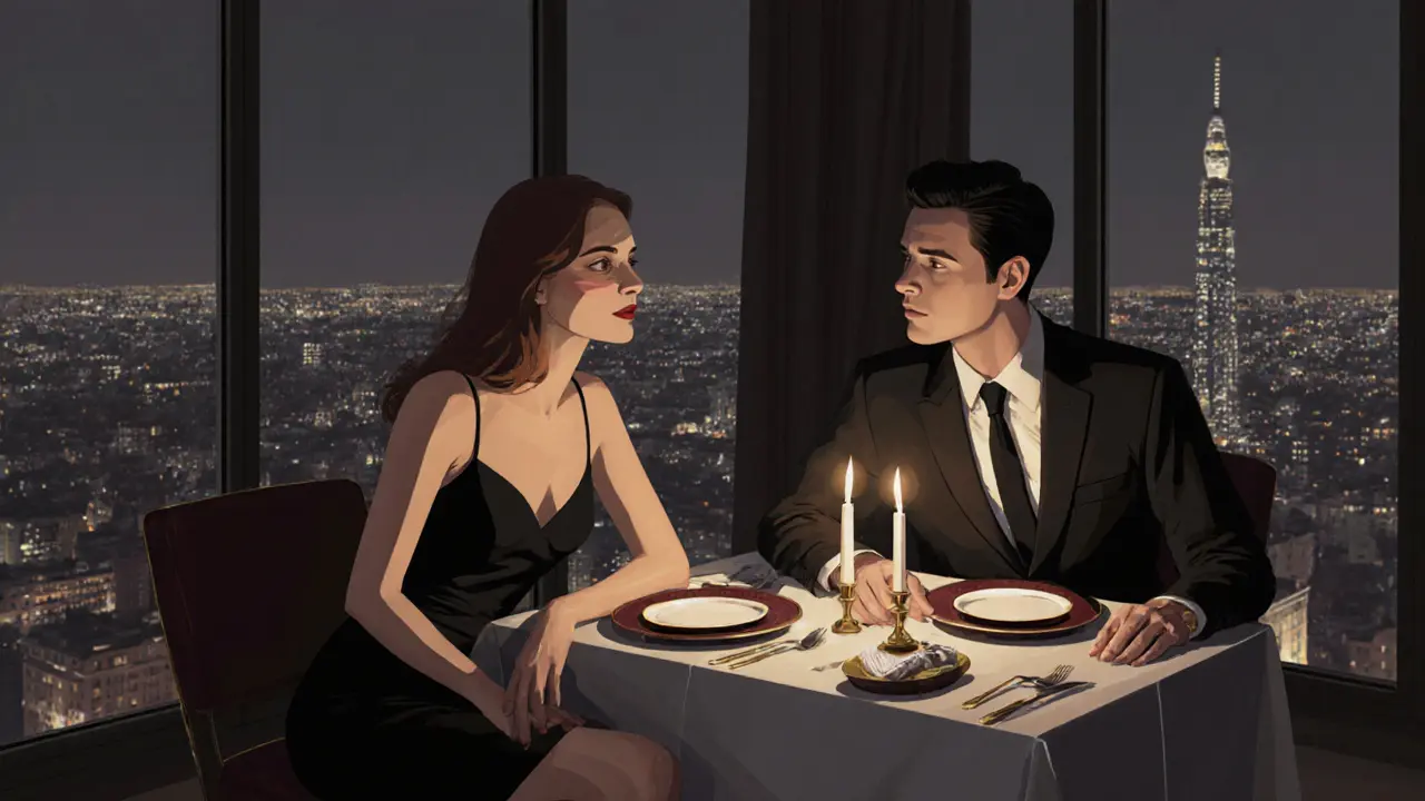 A couple sharing a candlelit dinner in a modern Milan apartment with city lights in the background.