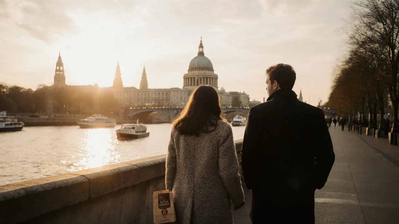 A couple walking along the Thames at sunset in Greenwich, peaceful and reflective.