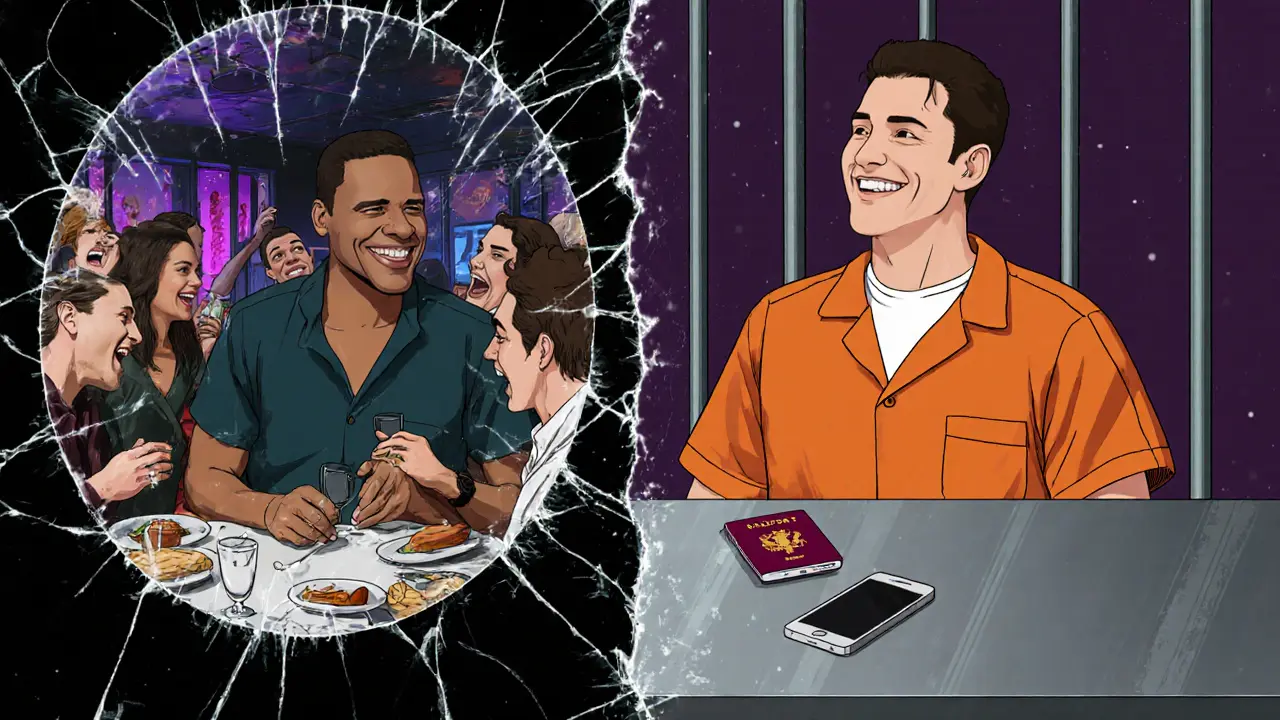 A cracked mirror shows one side of a man at a social dinner, the other side of him in prison — symbolizing choice and consequence.