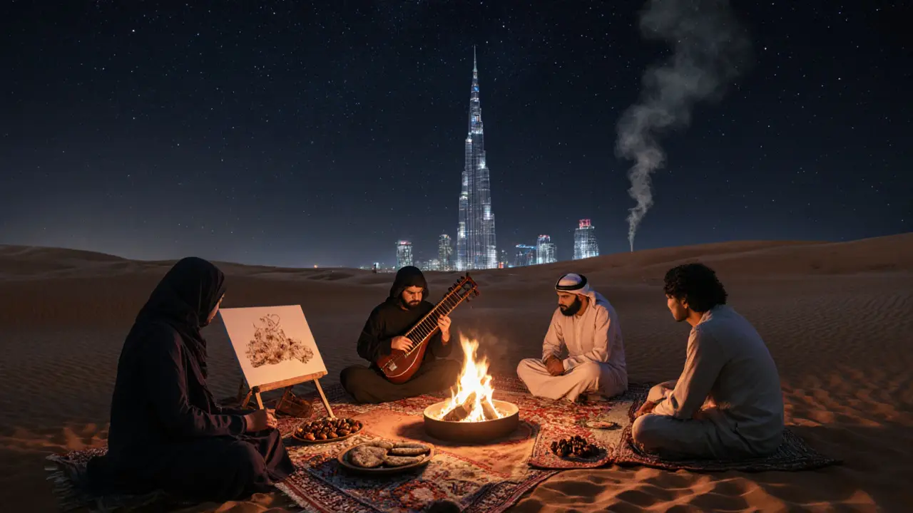A desert gathering under the stars around a fire pit, with people sitting silently, an artist painting, and oud music playing.