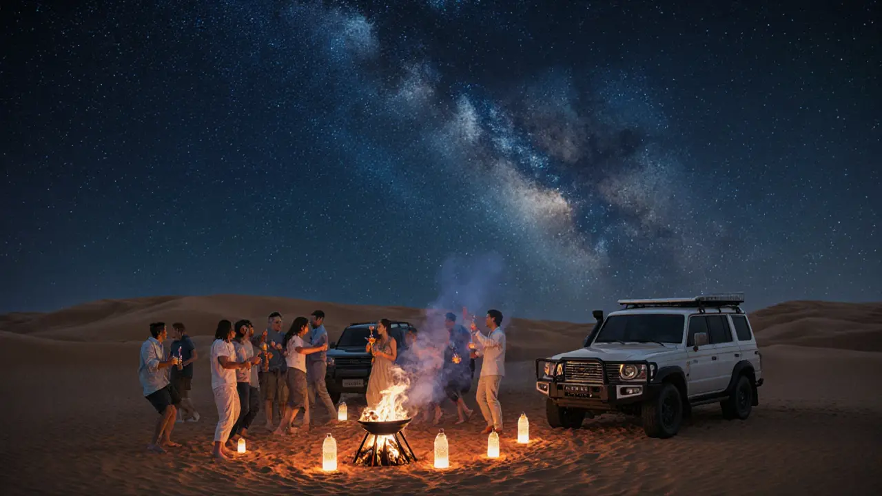 A desert party at night with lanterns, dancing figures, and glowing fires under a starry sky, surrounded by sand dunes.