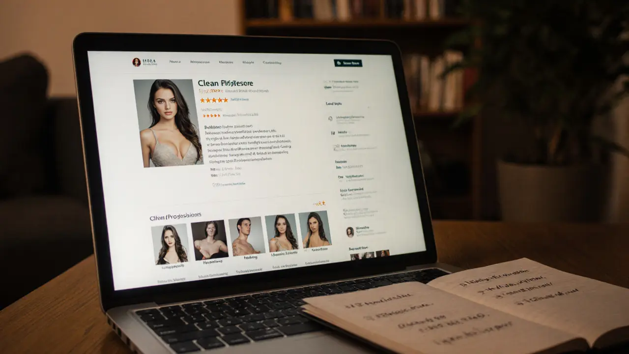 A detailed escort profile on a laptop with verified reviews and service information in a quiet Berlin apartment.