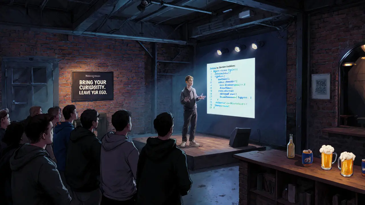 A developer presenting live AI code on a wall to an attentive audience in a warehouse-style space with microbrews nearby.