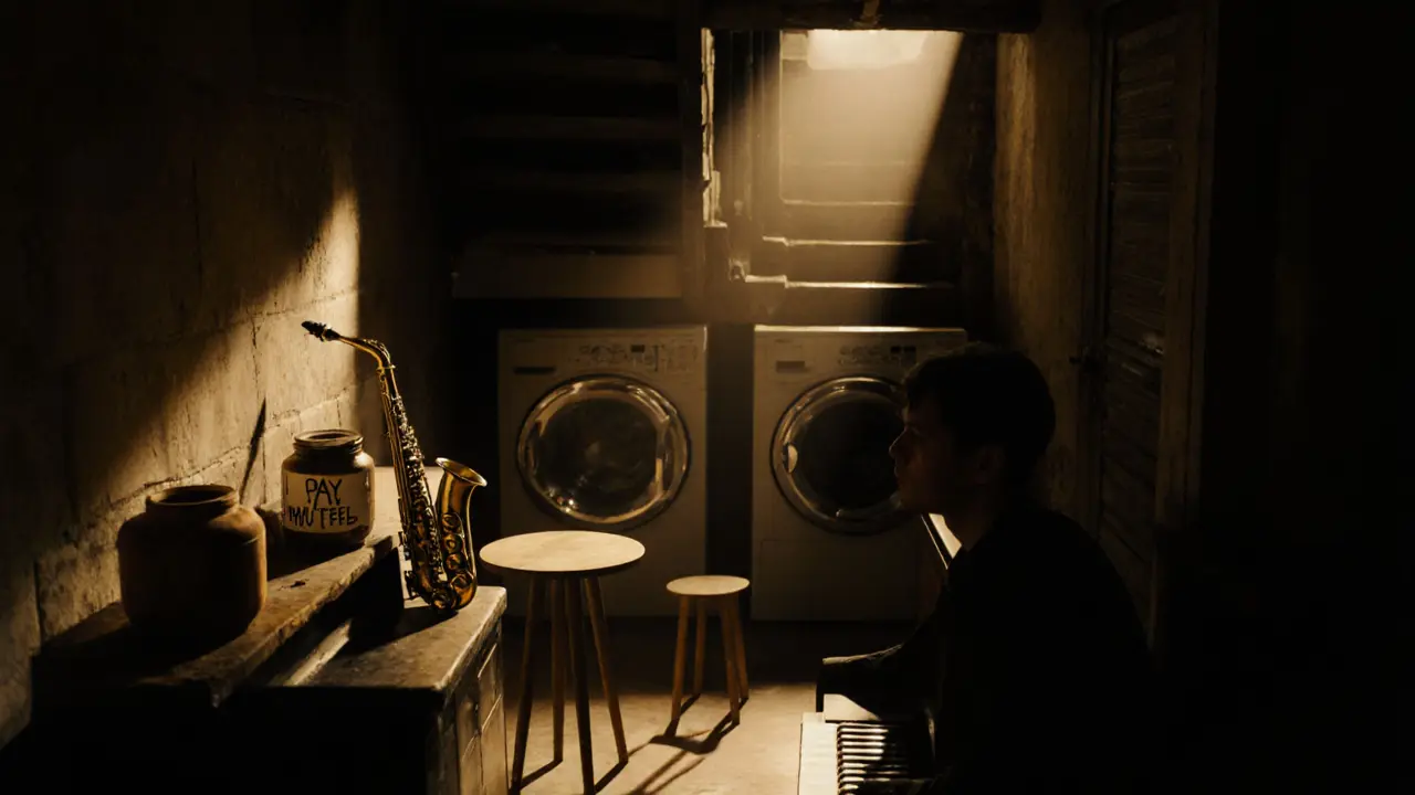 A dim basement jazz den with a grand piano, one listener in silence, washing machines blurred in the background.