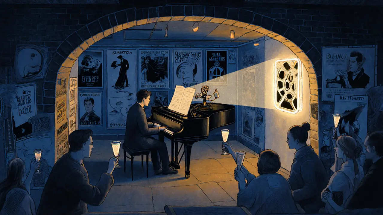 A dim underground bar showing silent films with live piano, walls covered in hand-drawn movie posters.